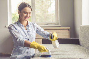 65422216 - beautiful young woman is smiling, using a brush and a spray while cleaning couch in the house